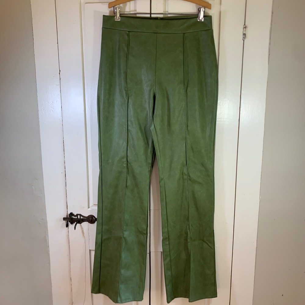 Fashion Nova Womens Olive‎ Green Faux Leather High Waisted Flare Pants XL